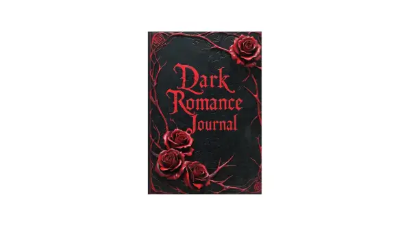 Diario de **libro dark romance** con rosas rojas y ramas retorcidas sobre fondo negro.