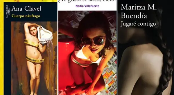 Tres portadas de libros: una mujer con cinta de "prohibido pasar", otra con gafas de sol y bikini, y la espalda de una mujer con trenza. Sugieren lecturas eróticas.