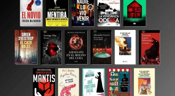 Colección de portadas de libros de misterio y suspense, incluyendo "El novio", "Mentira" y "La venganza Odessa". Un vistazo a lo que callan los muertos sinopsis.