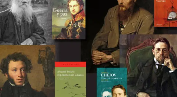 Retrato de Tolstói, Dostoievski, Pushkin y Chéjov, grandes escritores rusos, junto a sus obras.