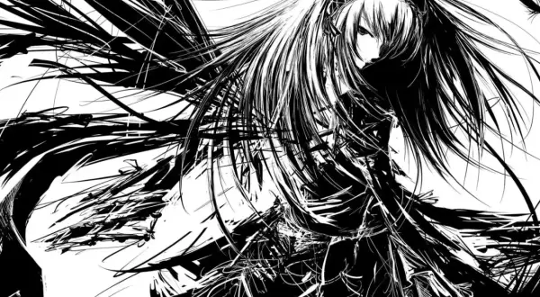 Una figura femenina de estilo anime con cabello largo y oscuro, envuelta en un torbellino de trazos negros, evoca un sentimiento de misterio y su seinen significado.