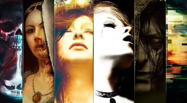 Collage de imágenes de terror psicológico: calavera, mujer desfigurada, rostro angustiado, figura sombría y glitch visual.