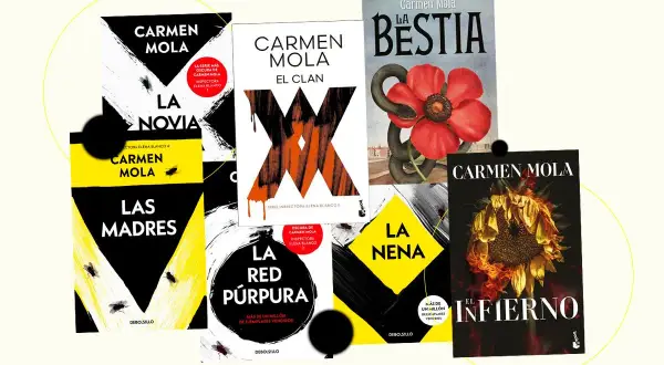 Libros de Carmen Mola, autora de "La Novia", "Las Madres", "La Bestia", "El Clan", "La Nena", "La Red Púrpura" y "El Infierno".