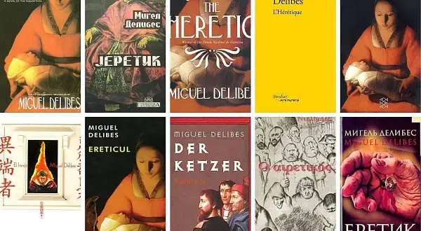 Portadas de obras de Miguel Delibes, incluyendo "El hereje" en varias ediciones y otros títulos en diferentes idiomas.