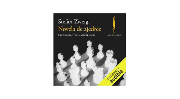Resumen de la novela de ajedrez de Stefan Zweig, con piezas de ajedrez blancas en primer plano y el título del libro.