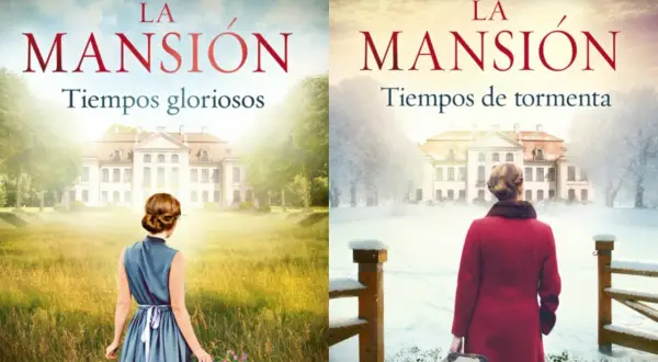 Dos portadas de "La Mansión" de Anne Jacobs. Una muestra tiempos gloriosos con una mujer en un campo verde, la otra, tiempos de tormenta con nieve y una maleta.