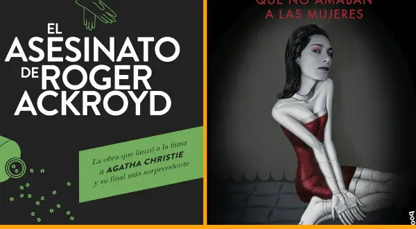 Dos portadas de libros de suspense: "El asesinato de Roger Ackroyd" y "Los hombres que no amaban a las mujeres", parte de las mejores novelas de suspense.