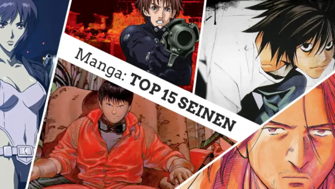 Collage de personajes de anime y manga, incluyendo a Motoko Kusanagi, un soldado con arma, L de Death Note y Kaneda de Akira. El texto dice "Manga: TOP 15 SEINEN", destacando los mejores seinen manga.