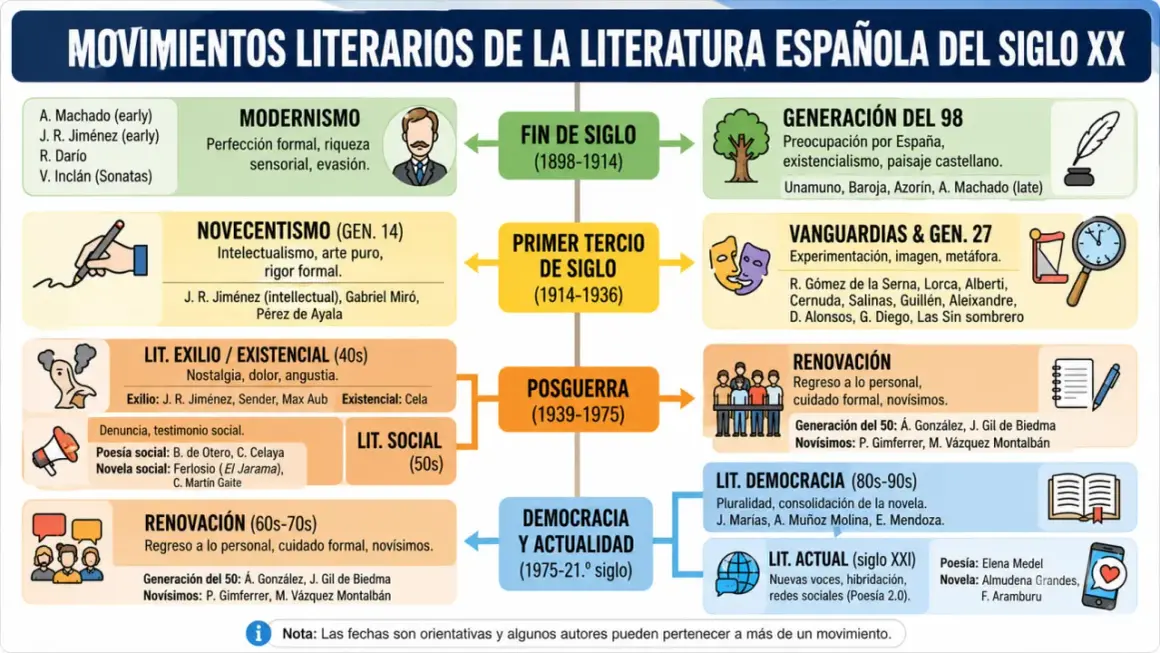 Diagrama de movimientos literarios españoles del siglo XX. Susana Rodríguez Lezaun, autora de libros, organiza la trilogía del orden.