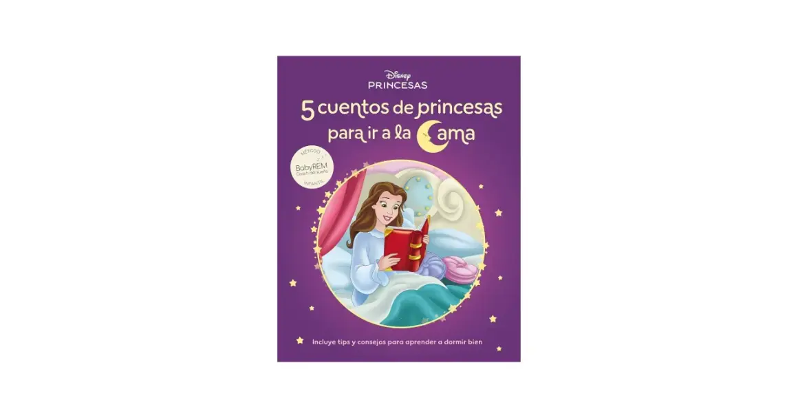 Libro "5 cuentos de princesas para ir a la cama" con Bella leyendo en su cama. Incluye consejos para dormir.