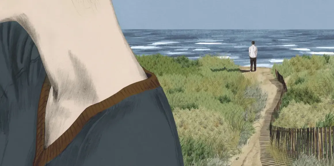 Un hombre solitario mira el mar desde una duna, evocando el sentimiento de "la isla de Alice resumen".