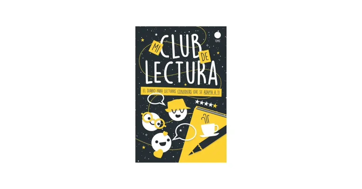 Mi club de lectura: un diario para compartir recomendaciones literarias. Personajes animados, estrellas y una taza de café invitan a la lectura.