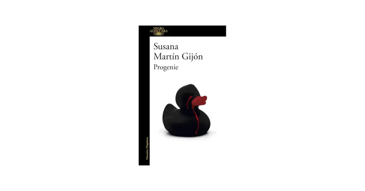 La portada del libro "Progenie" de Susana Martín Gijón muestra un patito de goma negro con lágrimas rojas, sugiriendo una sinopsis oscura y emotiva.