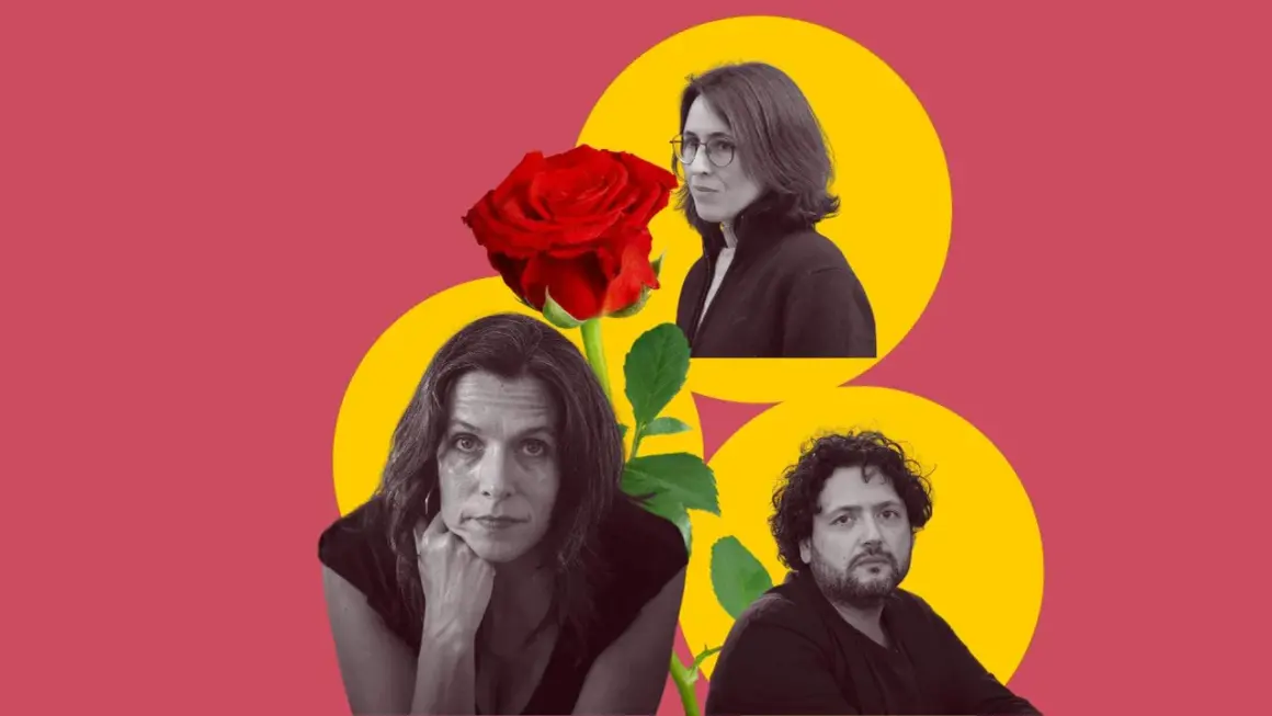 Retrato de tres escritores catalanes actuales: una mujer con gafas, otra pensativa y un hombre con barba. Una rosa roja los une.
