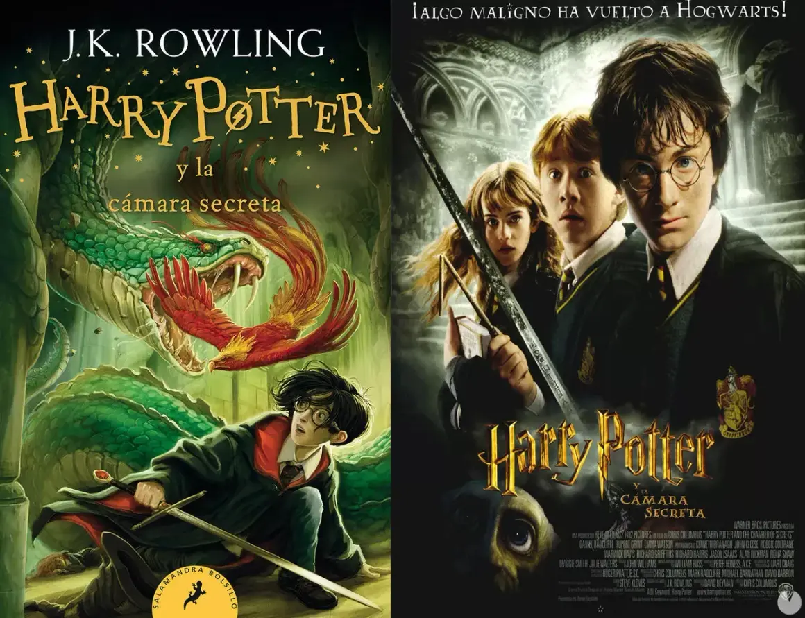 Harry Potter y la Cámara Secreta: portada del libro con Harry enfrentando a la serpiente y póster de la película con Harry, Ron y Hermione. El orden de los libros de Harry Potter es importante.