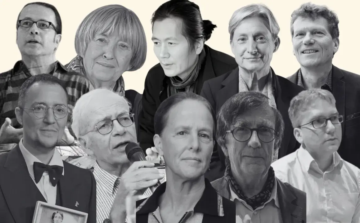 Retrato collage de varios escritores italianos actuales, con rostros diversos y expresiones pensativas.