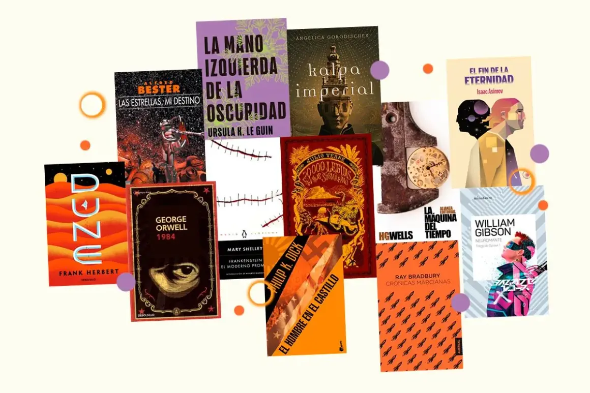 Colección de portadas de **mejores novelas ciencia ficcion**: Dune, 1984, Neuromante, La mano izquierda de la oscuridad, El fin de la eternidad, entre otras.