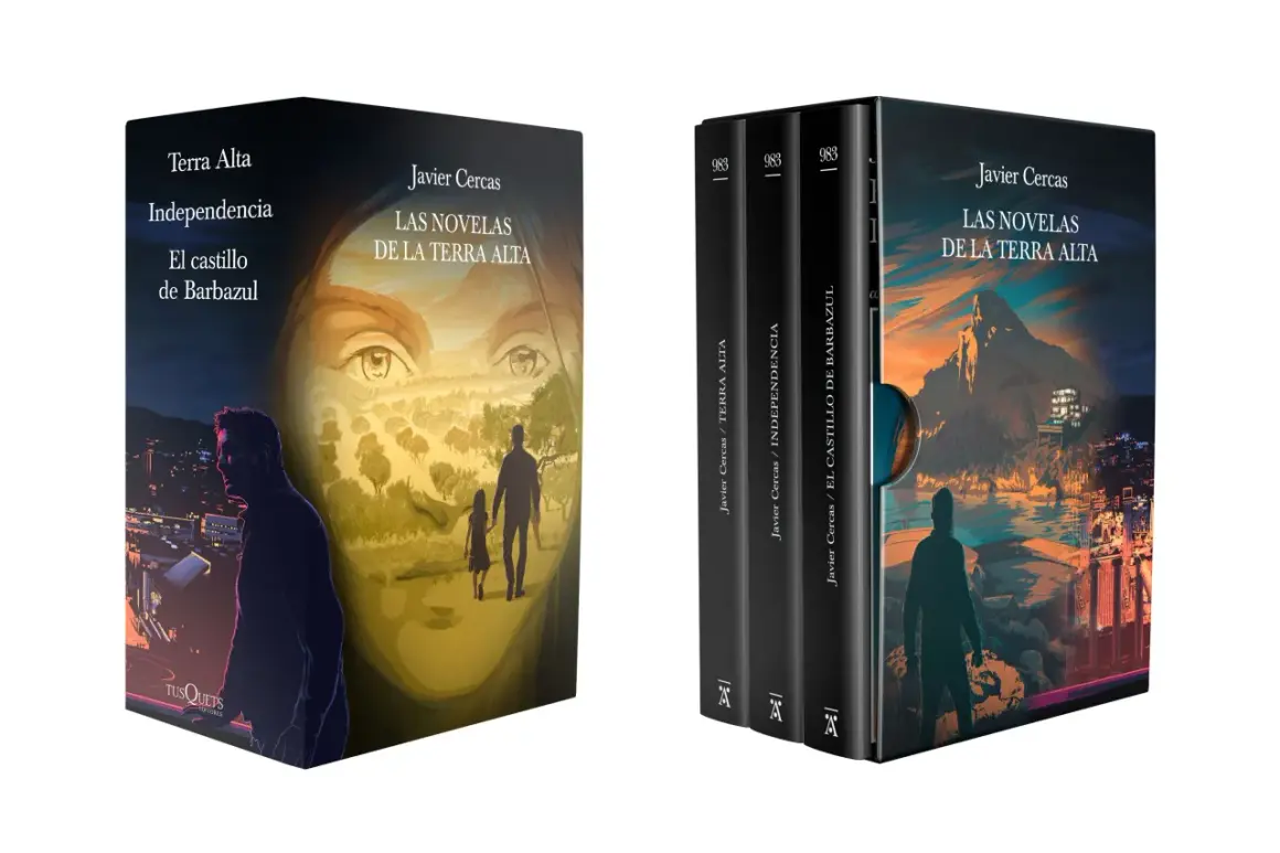 La trilogía de Javier Cercas "Las novelas de la Terra Alta" en edición de tapa dura, con ilustraciones evocadoras de paisajes y figuras humanas.