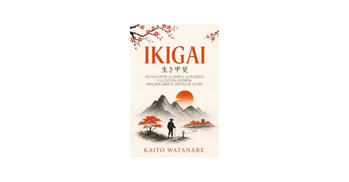 Libro "Ikigai" de Kaito Watanabe, uno de los libros japoneses recomendados para descubrir el sentido de la vida. Ilustra un paisaje montañoso con un viajero.