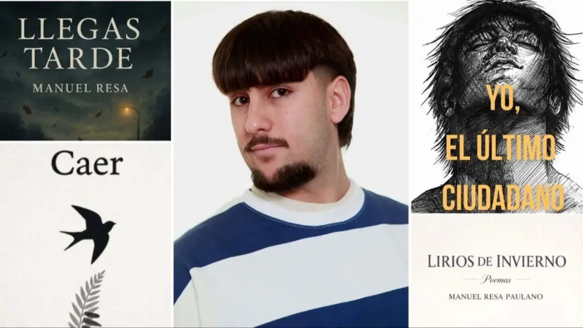 Retrato de Manuel Resa, uno de los escritores de Jaén, junto a portadas de sus libros "Llegas tarde", "Caer" y "Yo, el último ciudadano".