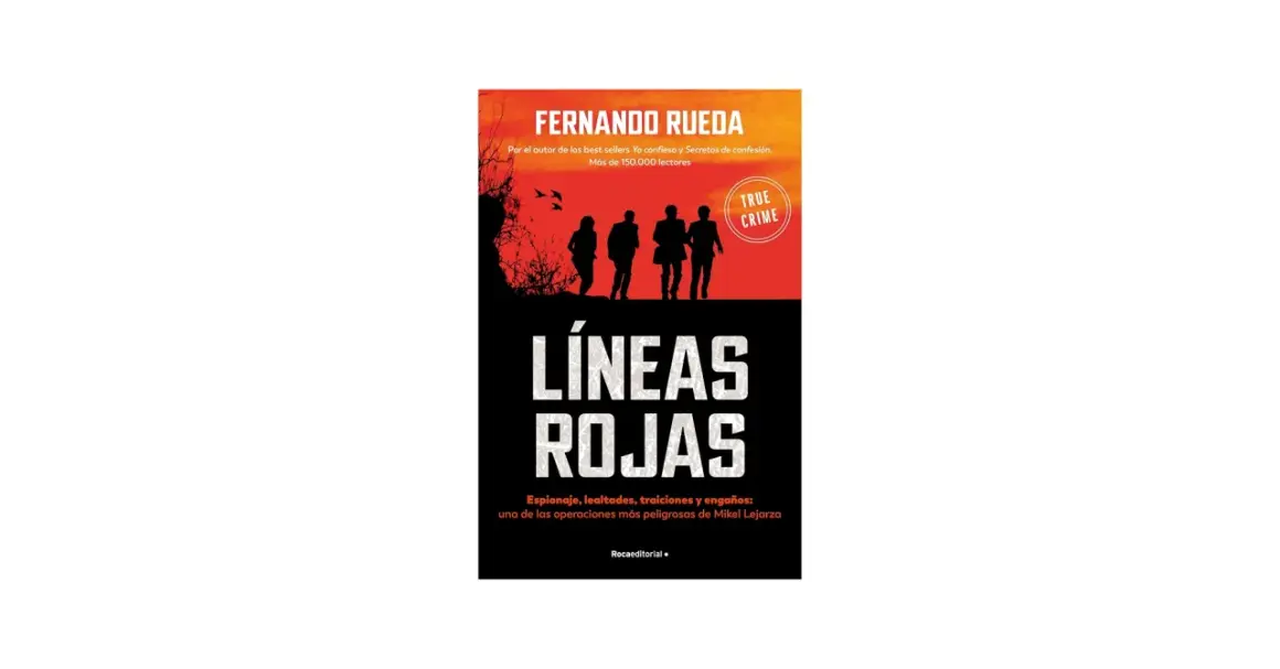 Portada del libro "Líneas Rojas" de Fernando Rueda, con siluetas de personas y el título destacado.