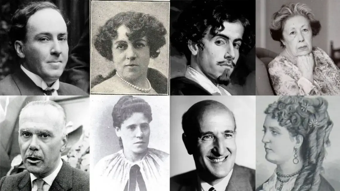 Collage de retratos de poetas sevillanos, hombres y mujeres de distintas épocas, con estilos variados.