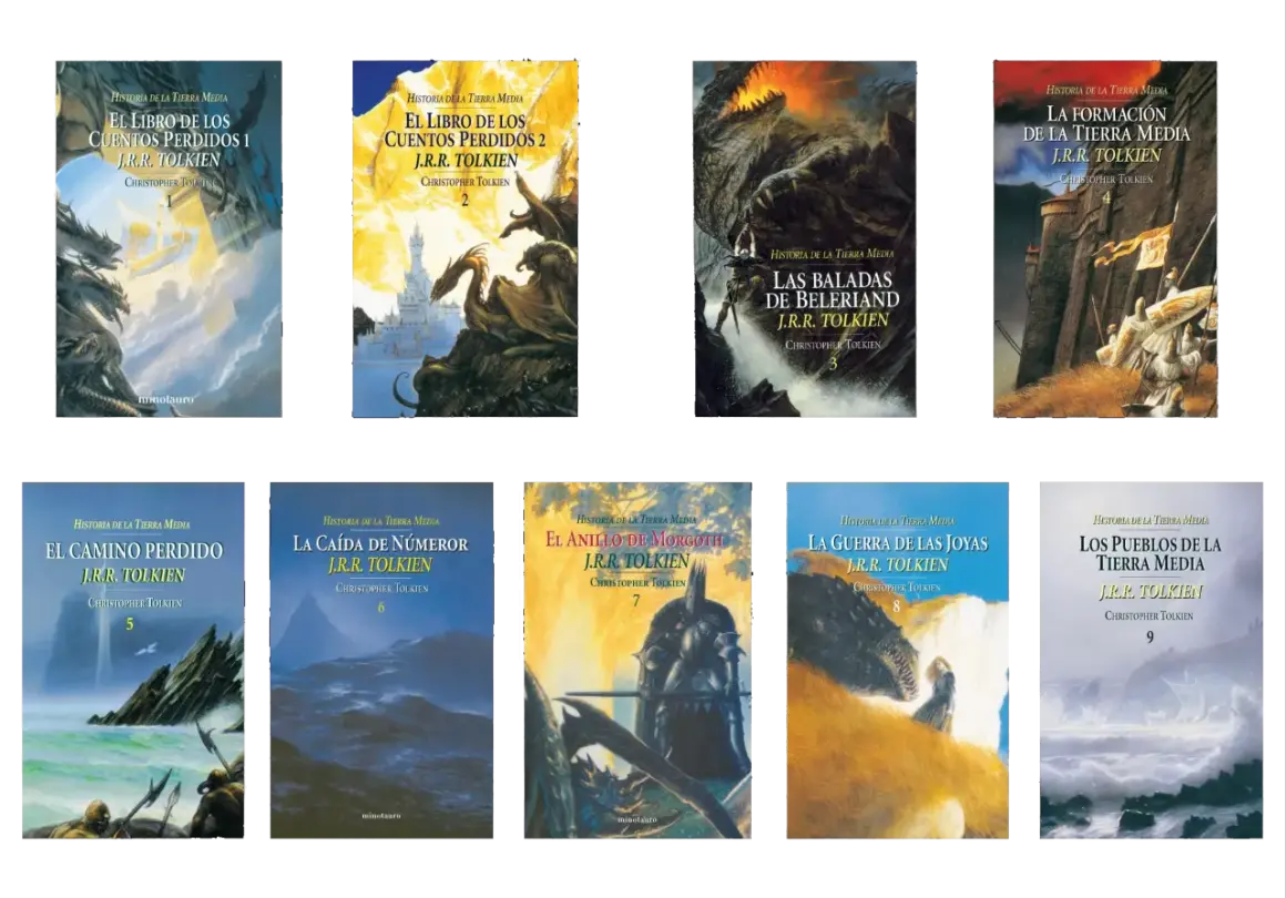 Colección "Historia de la Tierra Media" de J.R.R. Tolkien, con ilustraciones épicas que narran el orden de los eventos.