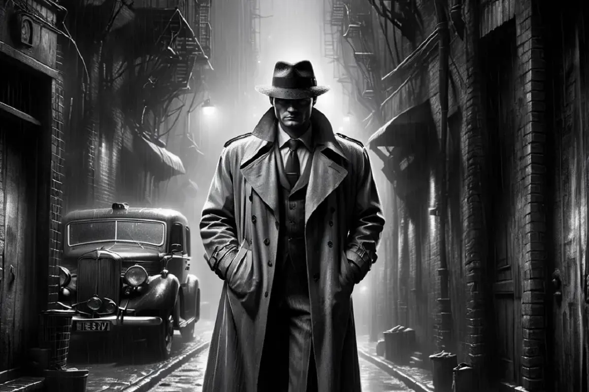 Un detective con gabardina y sombrero camina bajo la lluvia en un callejón oscuro. Un coche clásico y edificios sombríos evocan la esencia de **qué es la novela negra**.