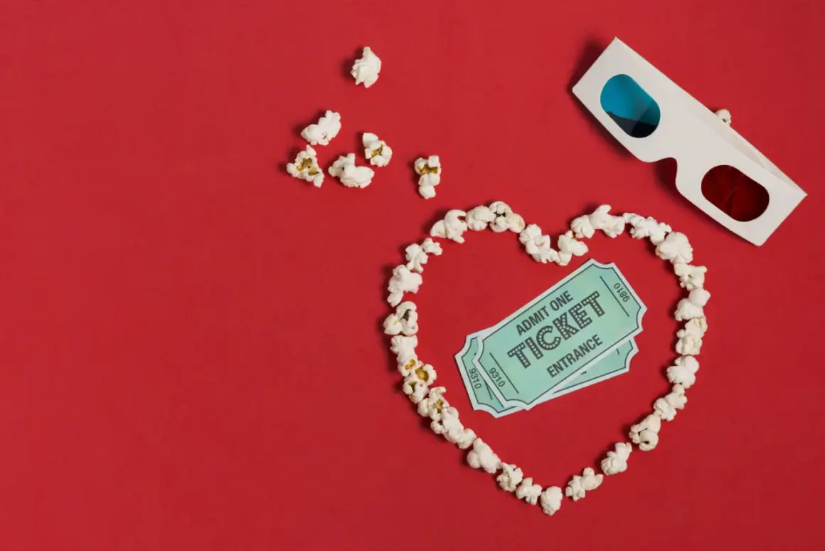 Palomitas forman un corazón con entradas de cine y gafas 3D. ¡La cita perfecta para una romcom!