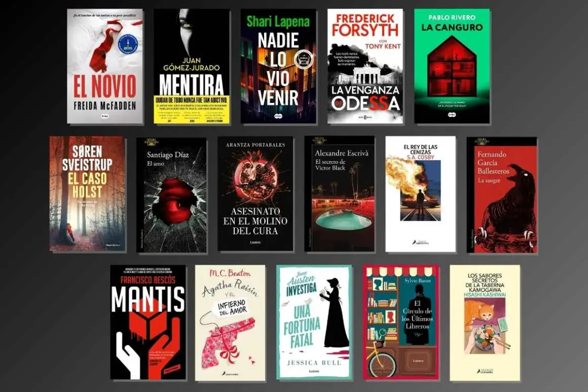Colección de portadas de libros de misterio y suspense, incluyendo "El novio", "Mentira" y "La venganza Odessa". Un vistazo a lo que callan los muertos sinopsis.
