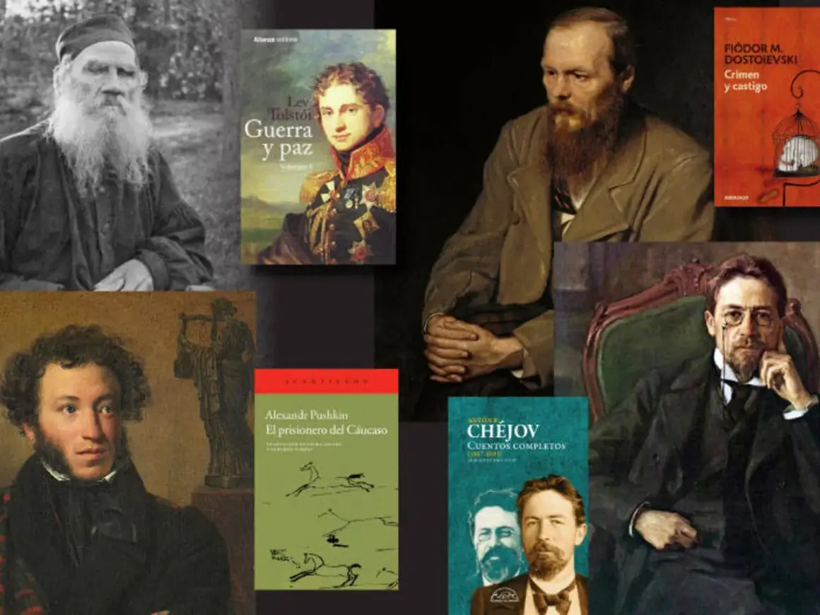 Retrato de Tolstói, Dostoievski, Pushkin y Chéjov, grandes escritores rusos, junto a sus obras.