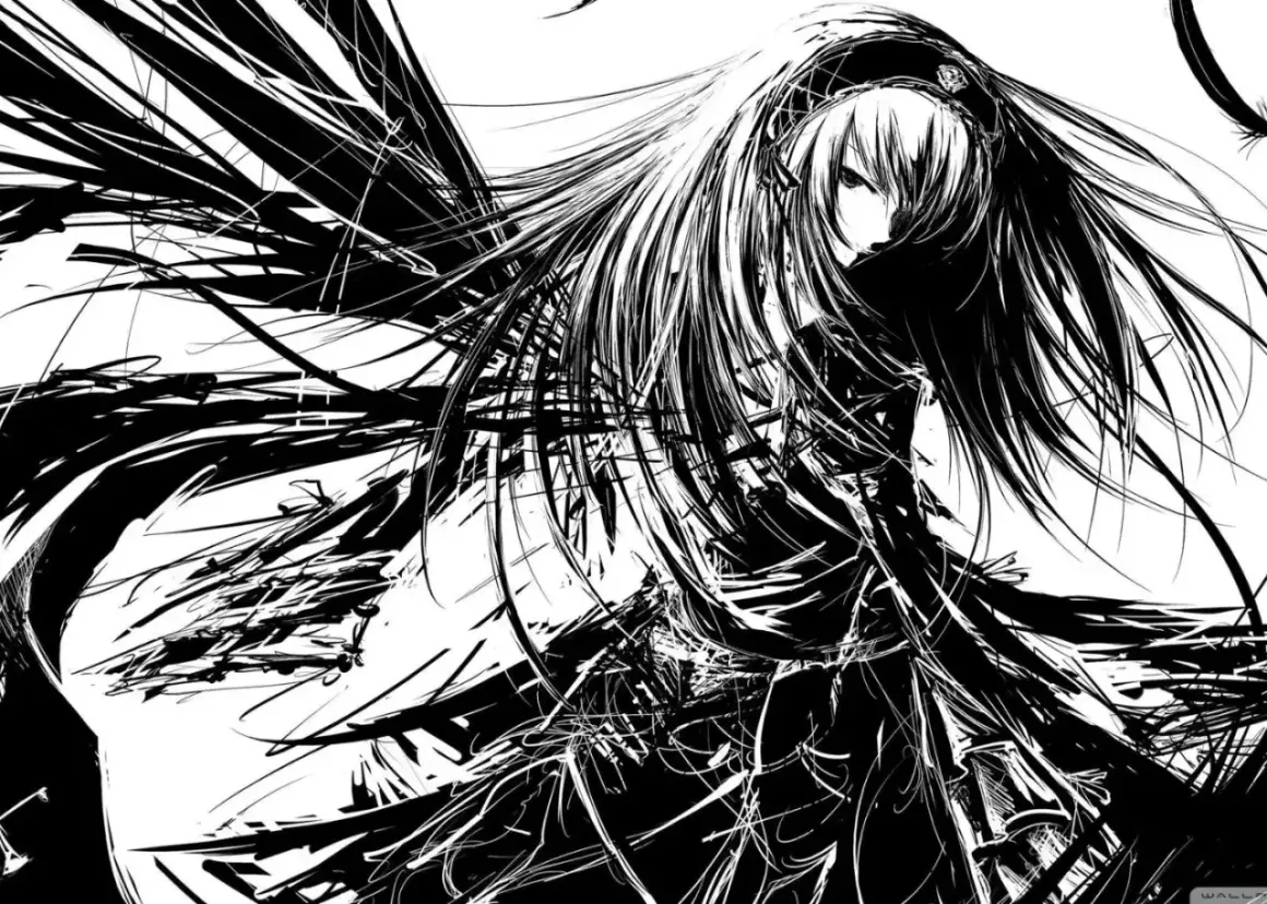 Una figura femenina de estilo anime con cabello largo y oscuro, envuelta en un torbellino de trazos negros, evoca un sentimiento de misterio y su seinen significado.