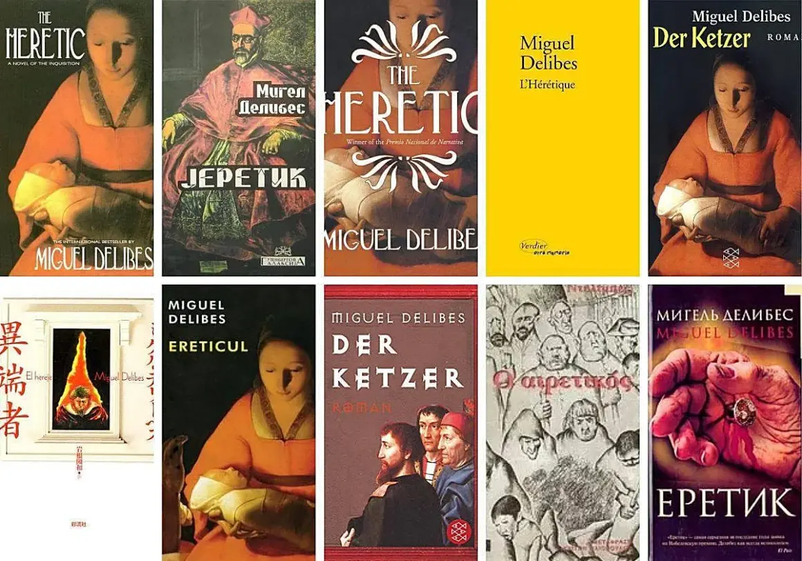 Portadas de obras de Miguel Delibes, incluyendo "El hereje" en varias ediciones y otros títulos en diferentes idiomas.