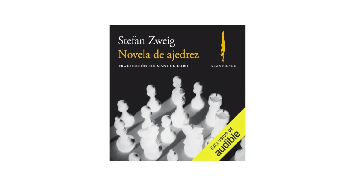 Resumen de la novela de ajedrez de Stefan Zweig, con piezas de ajedrez blancas en primer plano y el título del libro.