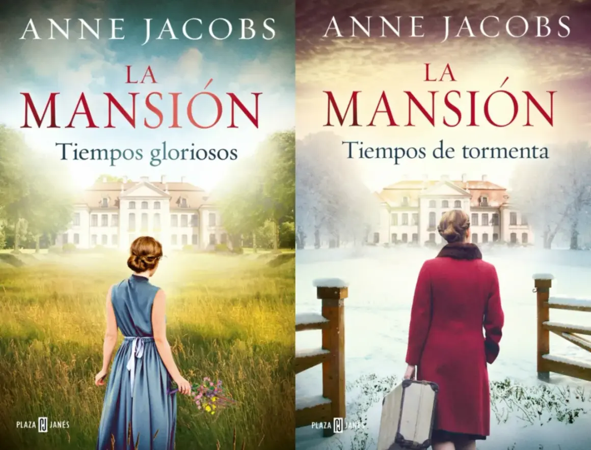 Dos portadas de "La Mansión" de Anne Jacobs. Una muestra tiempos gloriosos con una mujer en un campo verde, la otra, tiempos de tormenta con nieve y una maleta.
