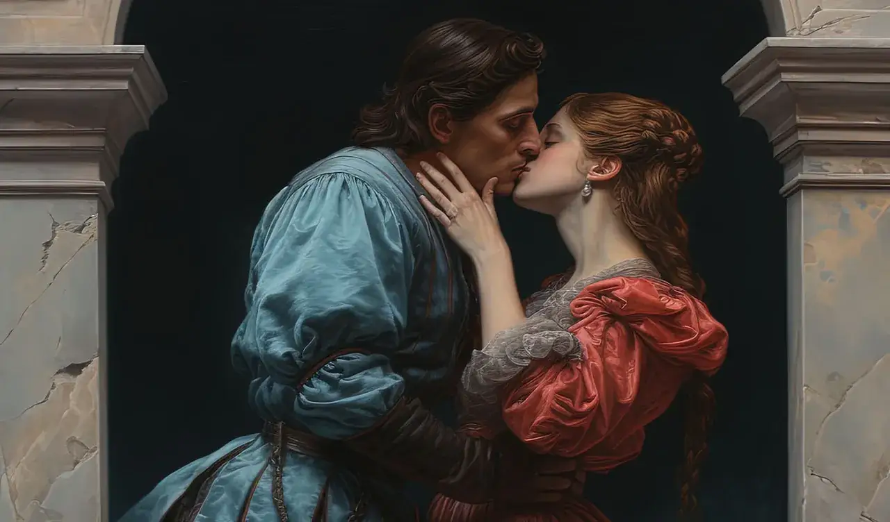 Un apasionado beso entre Romeo y Julieta, capturando la esencia de su amor prohibido.