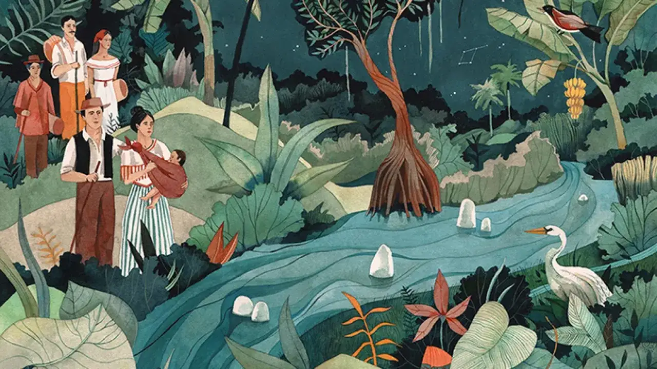 Una familia viaja por un r&iacute;o exuberante, evocando la esencia de 