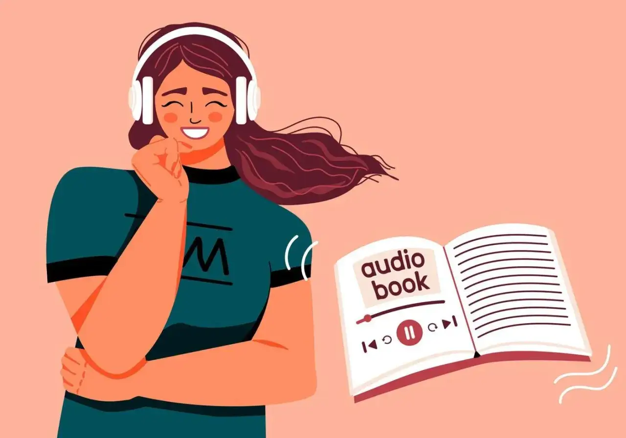 Una chica con auriculares disfruta de audiolibros recomendados. Un libro abierto muestra la interfaz de reproducción.