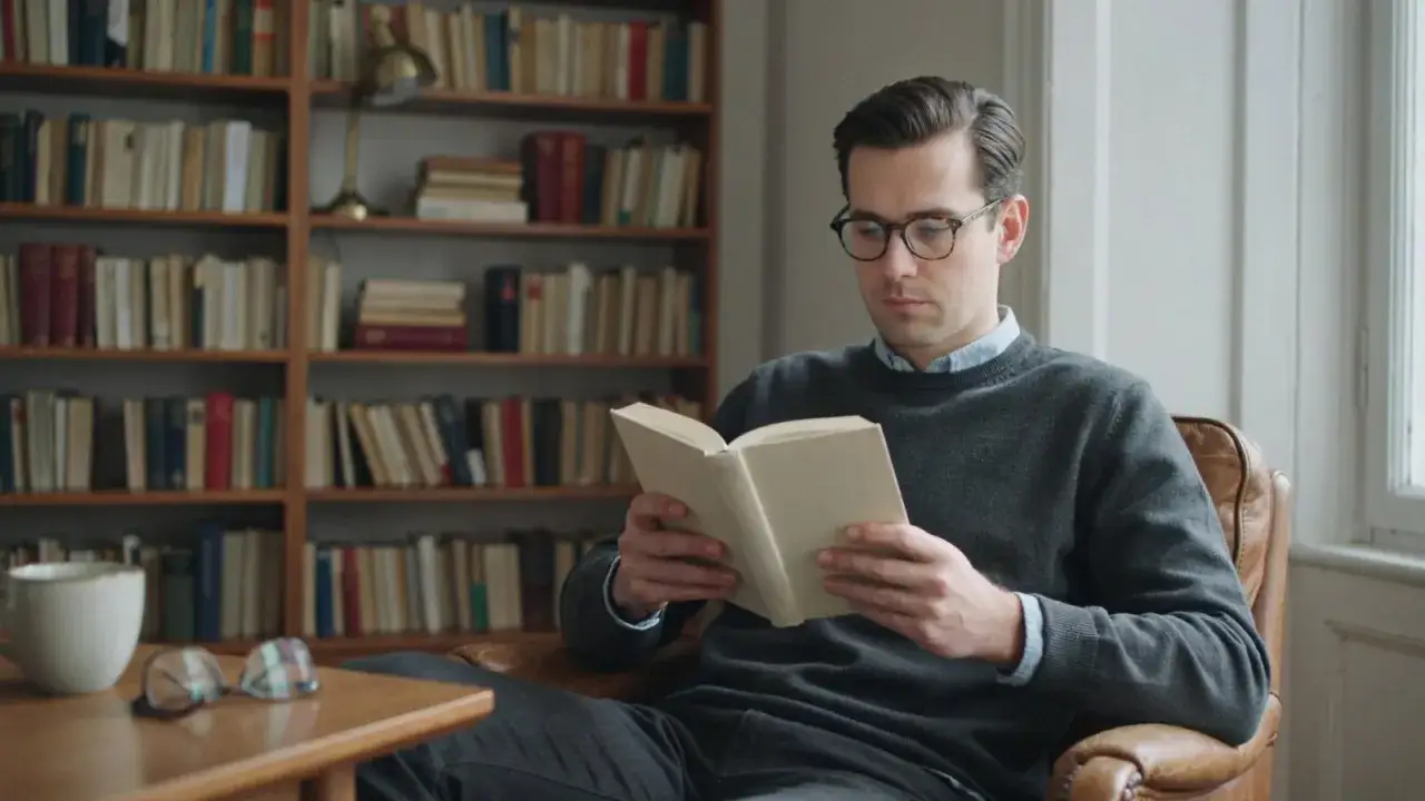 Hombre con gafas leyendo un libro en un sill&oacute;n de cuero, rodeado de estanter&iacute;as llenas de libros que te cambian la forma de pensar.