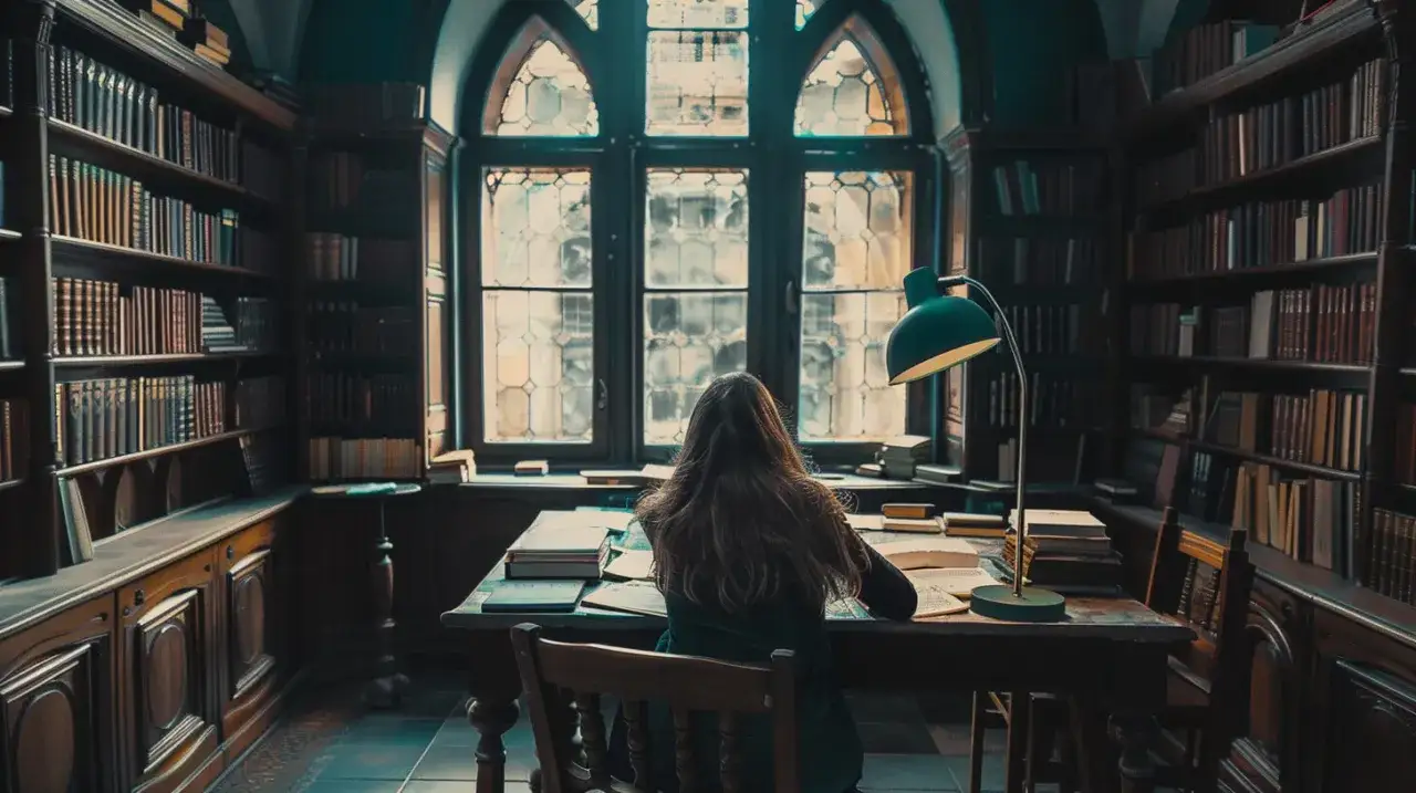 Estudiante inmersa en el estudio en una biblioteca de estilo dark academia, rodeada de libros y luz tenue.
