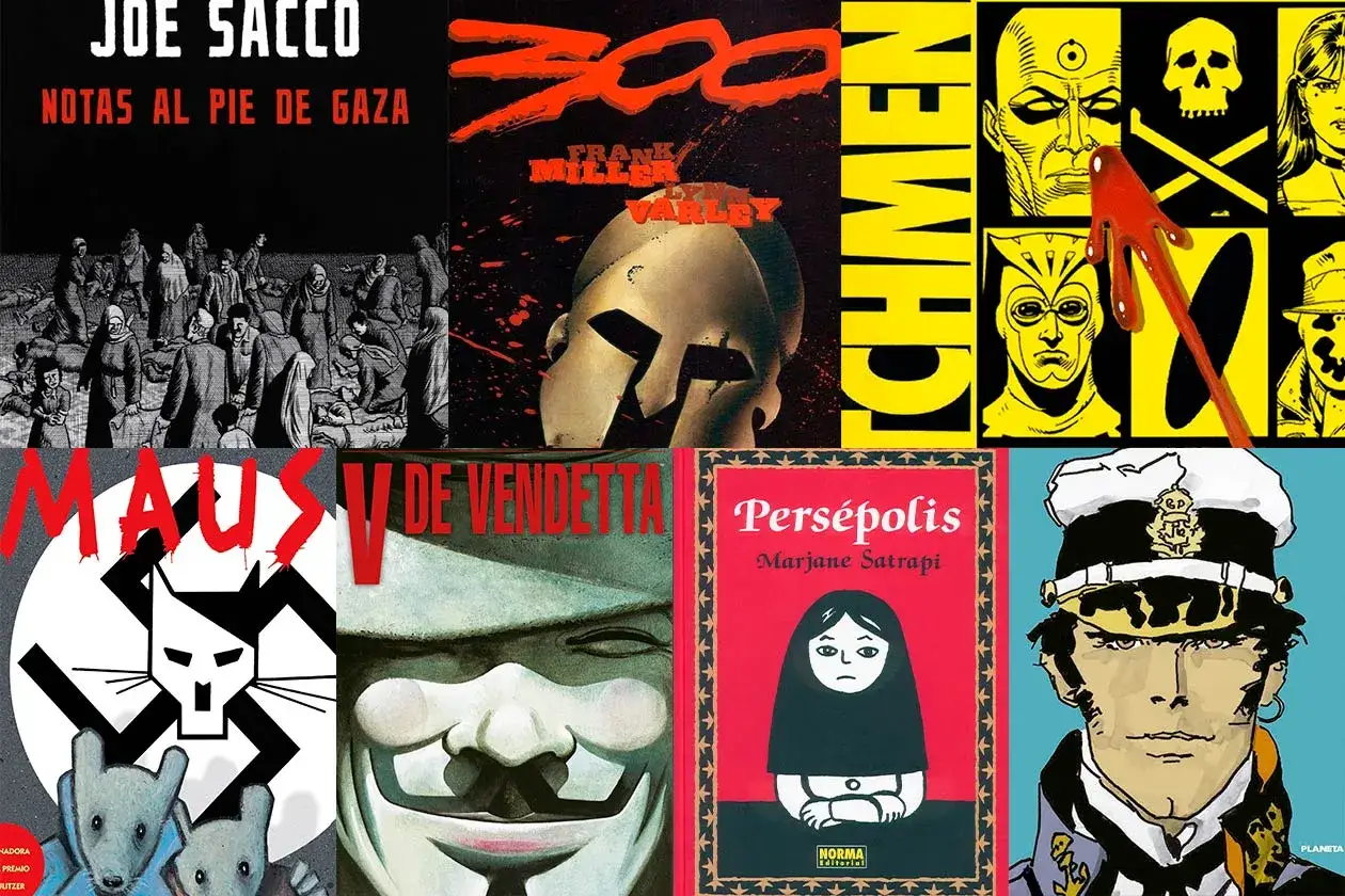 Collage de portadas de las mejores novelas gráficas de la historia: Maus, V de Vendetta, Persépolis, Watchmen, 300 y Joe Sacco.