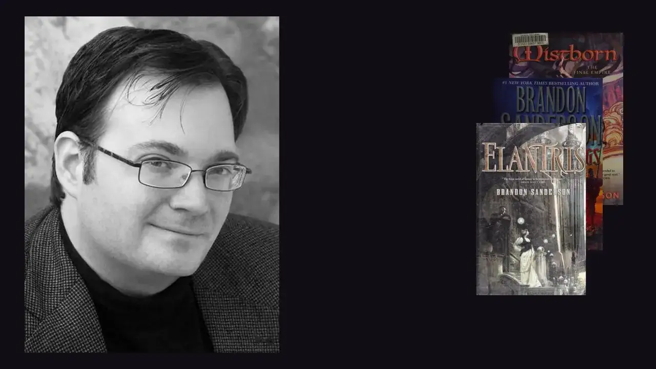 Retrato en blanco y negro de Brandon Sanderson junto a portadas de sus libros 