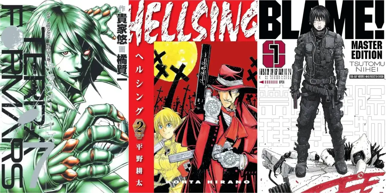 Personajes de manga: un guerrero verde, Alucard de Hellsing y un soldado de Blame!, cada uno con su propio significado.