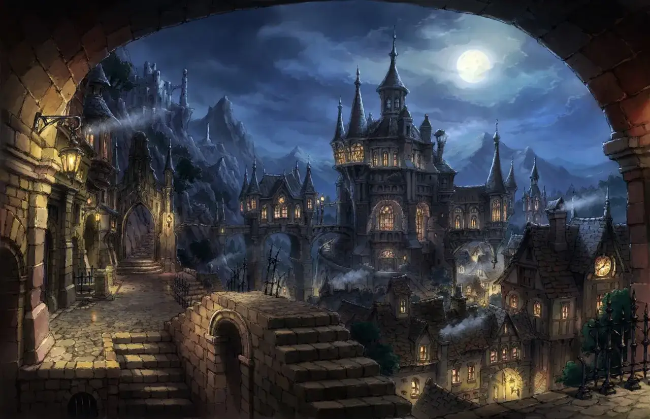 Un pueblo de literatura gótica bajo la luna, con un castillo imponente y calles empedradas iluminadas por faroles.