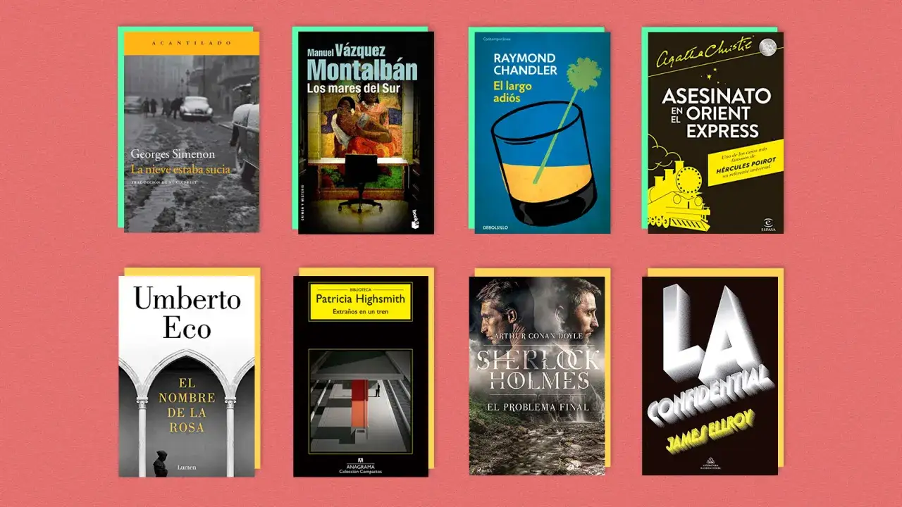Ocho portadas de libros policiales recomendados: Simenon, Montalbán, Chandler, Christie, Eco, Highsmith, Doyle y Ellroy.