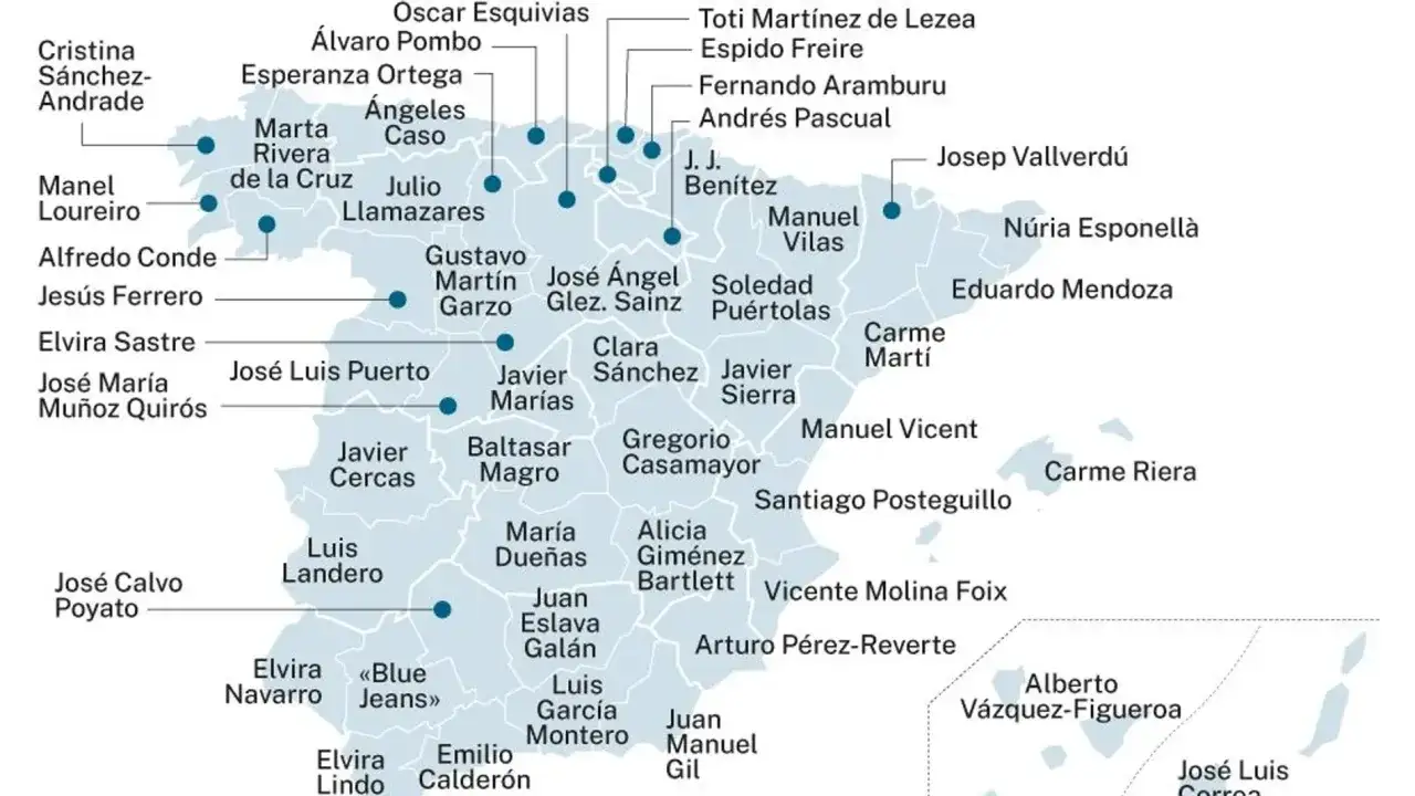 Mapa de España con puntos que señalan la ubicación de escritores españoles, incluyendo a Arturo Pérez-Reverte y Eduardo Mendoza.