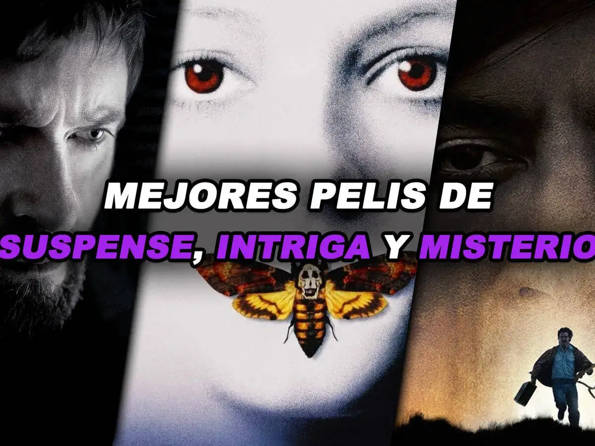 Montaje de im&aacute;genes de pel&iacute;culas de suspense, intriga y misterio, con un primer plano de un ojo y una polilla calavera. &iexcl;Descubre los mejores thrillers!