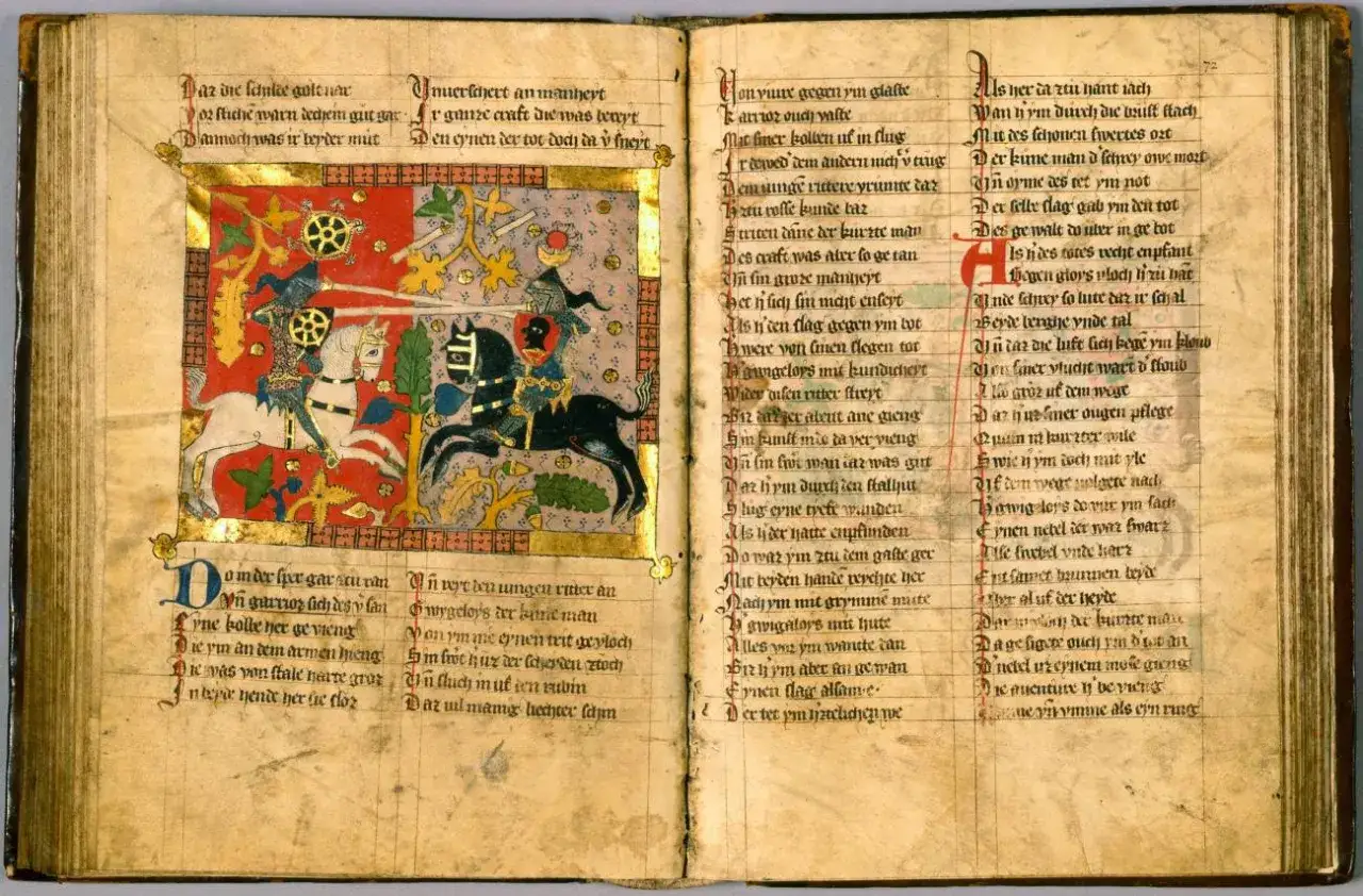 Ilustración de dos caballeros en justa, parte de novelas de época. El manuscrito iluminado muestra la acción detallada y el texto en alemán antiguo.