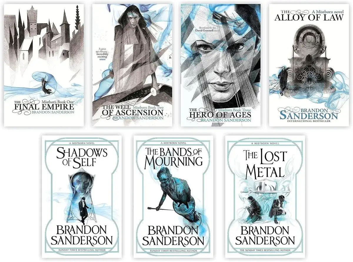 Las portadas de los mejores libros de Brandon Sanderson de la saga Mistborn, con arte distintivo y títulos como