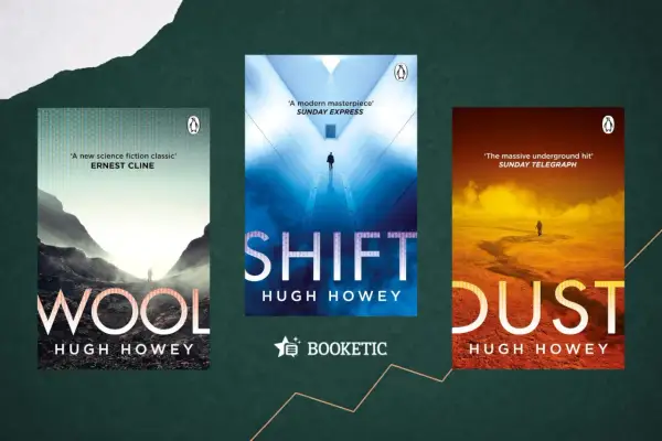 Las portadas de los libros "Wool", "Shift" y "Dust" de Hugh Howey, con paisajes desolados y figuras solitarias.